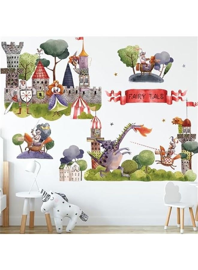 Princess Knight Wall Stickers Castle King Cartoon Dragon Wall Decals Removable Vinyl Peel and Stick for Boy Kids Nursery Living Room Bedroom Children's Room Art Decorations - Image 2
