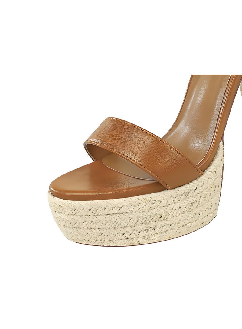 BIGTREE Women's Thick High Heel Sandals Platform Open Toe Ankle Strap Dress Pumps Brown 13CM - Image 3