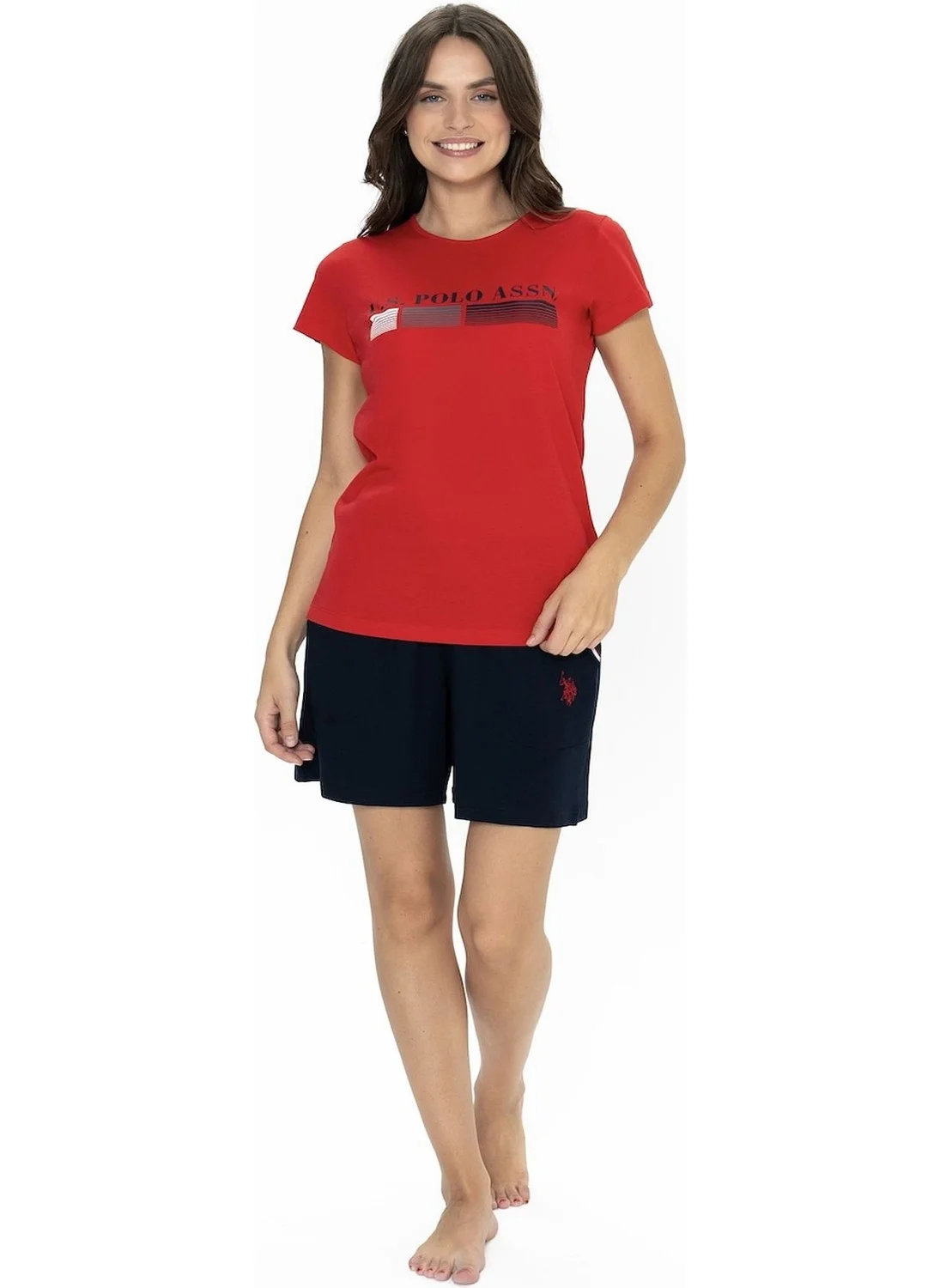 U.S. Polo Assn. 20004 Women's Short Sleeve Crew Neck Shorts Pajama Set-Red