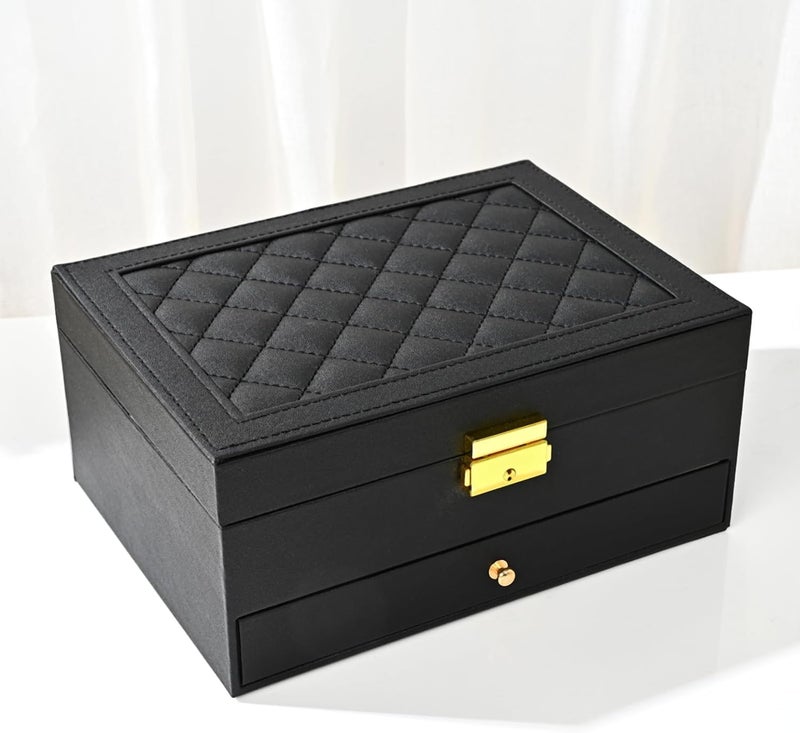 KRESHU Mini Chex Pattern Jewelry Storage Box | Large Capacity Double-Sided Makeup Organizer |Travel safety Cosmetic Case for Necklaces & Earrings - Stylish Design for Women (CHEX-BLACK) - Image 1