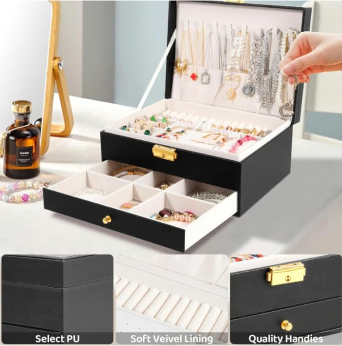 KRESHU Mini Chex Pattern Jewelry Storage Box | Large Capacity Double-Sided Makeup Organizer |Travel safety Cosmetic Case for Necklaces & Earrings - Stylish Design for Women (CHEX-BLACK) - Image 3