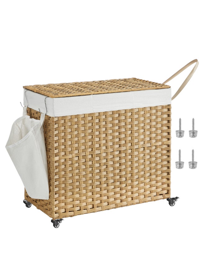 SONGMICS Laundry Basket with Lid, 160 L, Rolling Laundry Hamper with Wheels, 3-Compartment Synthetic Rattan, Removable Liner, for Laundry Room, Bedroom, 70 x 36 x 66 cm, Natural - Image 1