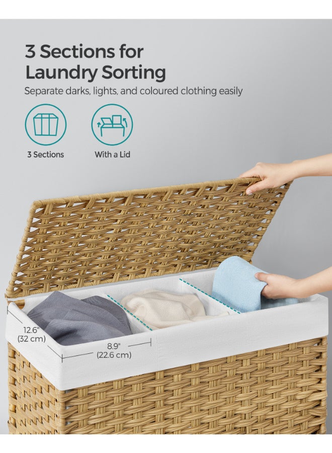 SONGMICS Laundry Basket with Lid, 160 L, Rolling Laundry Hamper with Wheels, 3-Compartment Synthetic Rattan, Removable Liner, for Laundry Room, Bedroom, 70 x 36 x 66 cm, Natural - Image 3
