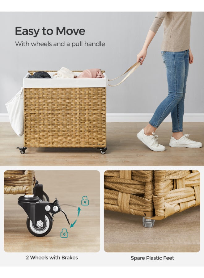 SONGMICS Laundry Basket with Lid, 160 L, Rolling Laundry Hamper with Wheels, 3-Compartment Synthetic Rattan, Removable Liner, for Laundry Room, Bedroom, 70 x 36 x 66 cm, Natural - Image 4
