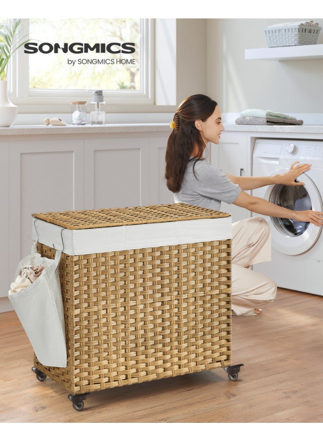 SONGMICS Laundry Basket with Lid, 160 L, Rolling Laundry Hamper with Wheels, 3-Compartment Synthetic Rattan, Removable Liner, for Laundry Room, Bedroom, 70 x 36 x 66 cm, Natural - Image 2
