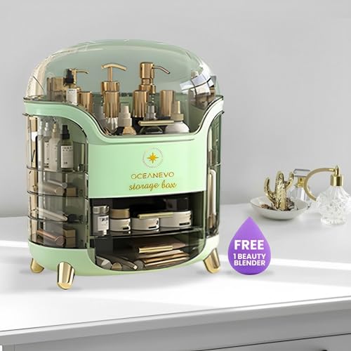 OCEANEVO Cosmetic Makeup Organizer Box for Women with Makeup Sponge | Dressing Table Organizer with Drawer for Skincare, Perfume, Lipstick Storage | 34 cm x 30 cm x 20 cm | Model 1 – Light Green - Image 2
