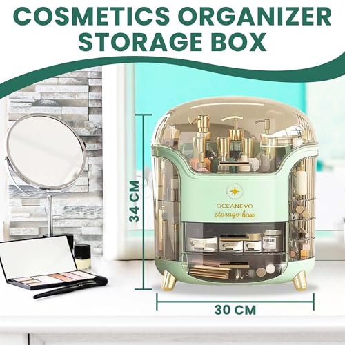 OCEANEVO Cosmetic Makeup Organizer Box for Women with Makeup Sponge | Dressing Table Organizer with Drawer for Skincare, Perfume, Lipstick Storage | 34 cm x 30 cm x 20 cm | Model 1 – Light Green - Image 3