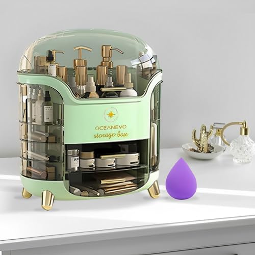 OCEANEVO Cosmetic Makeup Organizer Box for Women with Makeup Sponge | Dressing Table Organizer with Drawer for Skincare, Perfume, Lipstick Storage | 34 cm x 30 cm x 20 cm | Model 1 – Light Green - Image 1