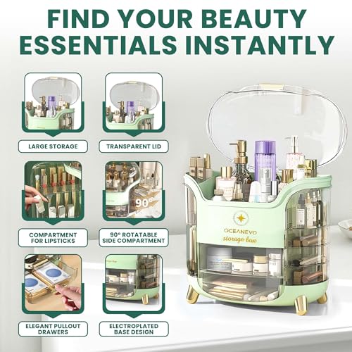 OCEANEVO Cosmetic Makeup Organizer Box for Women with Makeup Sponge | Dressing Table Organizer with Drawer for Skincare, Perfume, Lipstick Storage | 34 cm x 30 cm x 20 cm | Model 1 – Light Green - Image 5