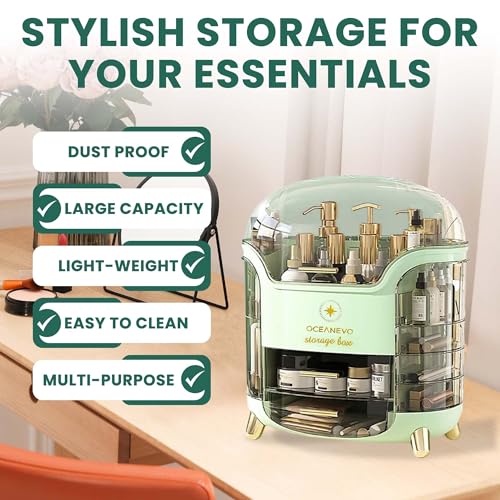 OCEANEVO Cosmetic Makeup Organizer Box for Women with Makeup Sponge | Dressing Table Organizer with Drawer for Skincare, Perfume, Lipstick Storage | 34 cm x 30 cm x 20 cm | Model 1 – Light Green - Image 4