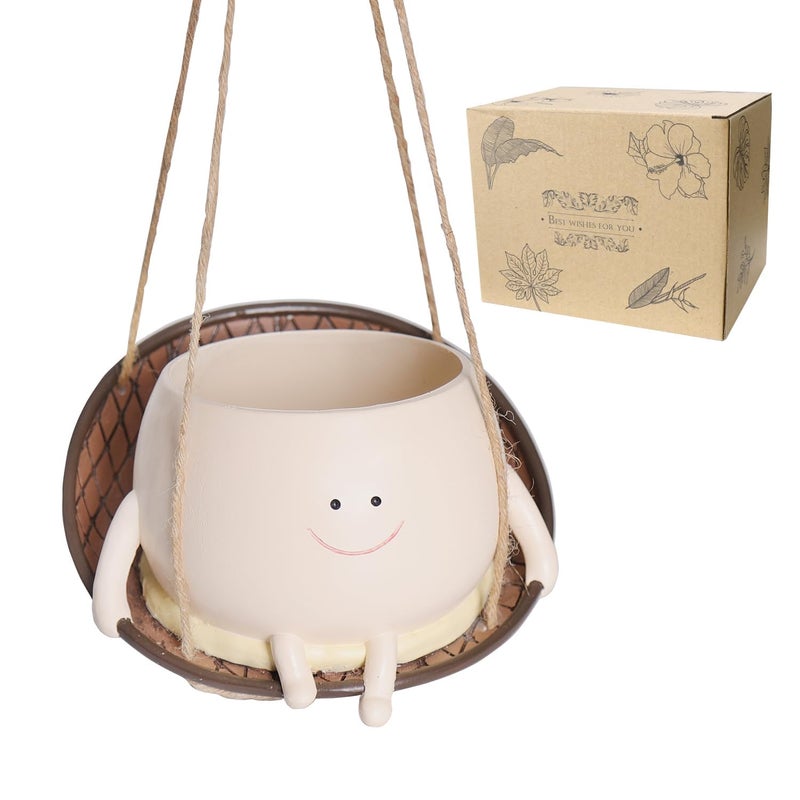UMESONG Hanging Swing Chair Planter Pot Smiley Face Planter for Indoor Outdoor Plant Cute Head Resin Flower Pots for String of Pearls Plant Live Unique Gift IdeaI for Mother Day, Christmas (Large) - Image 3