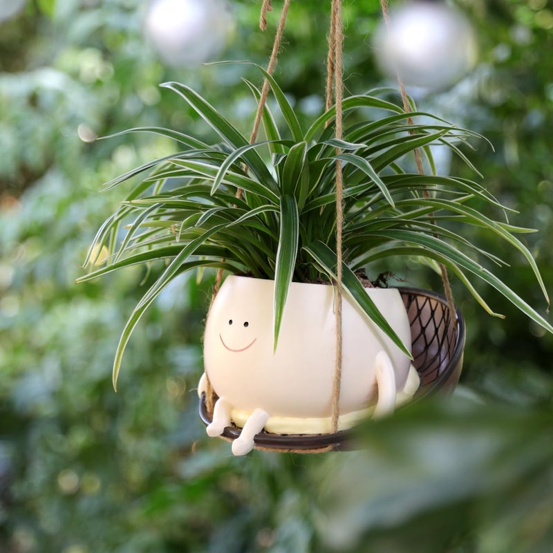UMESONG Hanging Swing Chair Planter Pot Smiley Face Planter for Indoor Outdoor Plant Cute Head Resin Flower Pots for String of Pearls Plant Live Unique Gift IdeaI for Mother Day, Christmas (Large) - Image 5