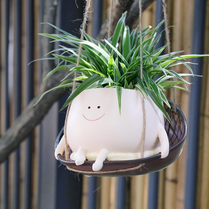 UMESONG Hanging Swing Chair Planter Pot Smiley Face Planter for Indoor Outdoor Plant Cute Head Resin Flower Pots for String of Pearls Plant Live Unique Gift IdeaI for Mother Day, Christmas (Large) - Image 1