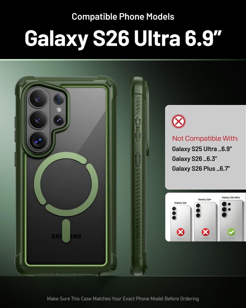 Poetic Guardian MagPro Case for Galaxy S26 Ultra 6.9", MagSafe Compatible | 20FT Mil-Grade Drop Tested | 2 Tempered Glass Screen Protector, Full Body Shockproof Phone Case for S26 Ultra, Green/Clear - Image 2