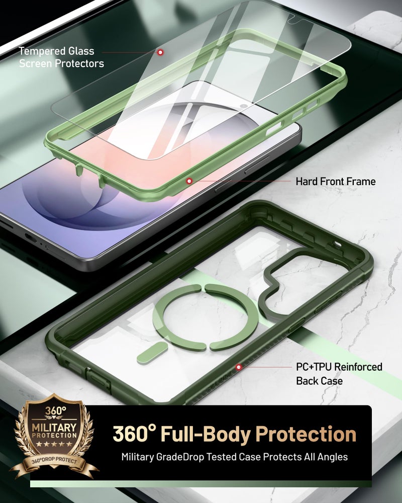 Poetic Guardian MagPro Case for Galaxy S26 Ultra 6.9", MagSafe Compatible | 20FT Mil-Grade Drop Tested | 2 Tempered Glass Screen Protector, Full Body Shockproof Phone Case for S26 Ultra, Green/Clear - Image 3