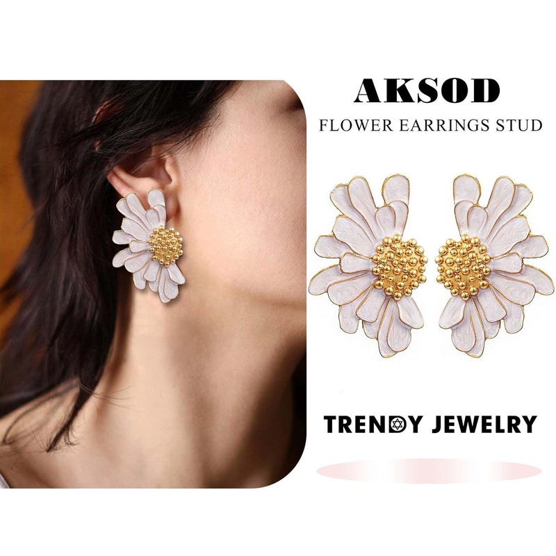 Aksod Vintage Flower Earrings Studs White Large Floral Earrings Bohemian Enamel Daisy Stud Summer Hawaii Wedding Party Earrings Jewelry for Women (White) - Image 2