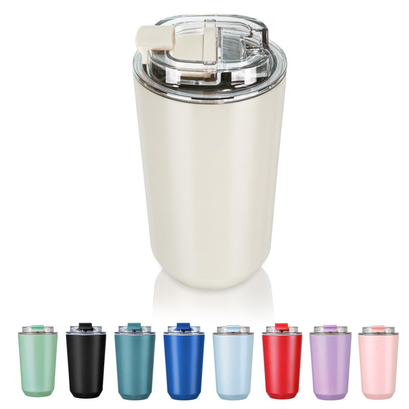 Puraville Insulated Tumblers with Lid, 14 oz Travel Coffee Mug Stainless Steel Vacuum Cup, Leak Proof Reusable Double Walled Coffee Tumbler for Iced and Hot Drinks, Cream - Image 1