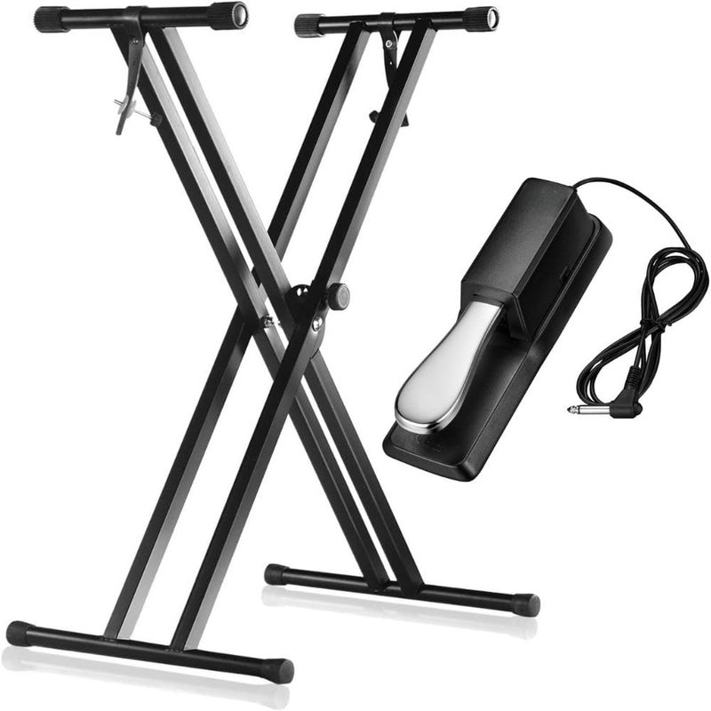 Mocking Bird Adjustable Double X Keyboard Stand & Non-Slip Sustain Pedal – Heavy-Duty Piano Stand with Height Adjustment, Support Straps, Polarity Switch Pedal with 1/4" Plug – For Digital Pianos, Keyboards, MIDI - Image 1