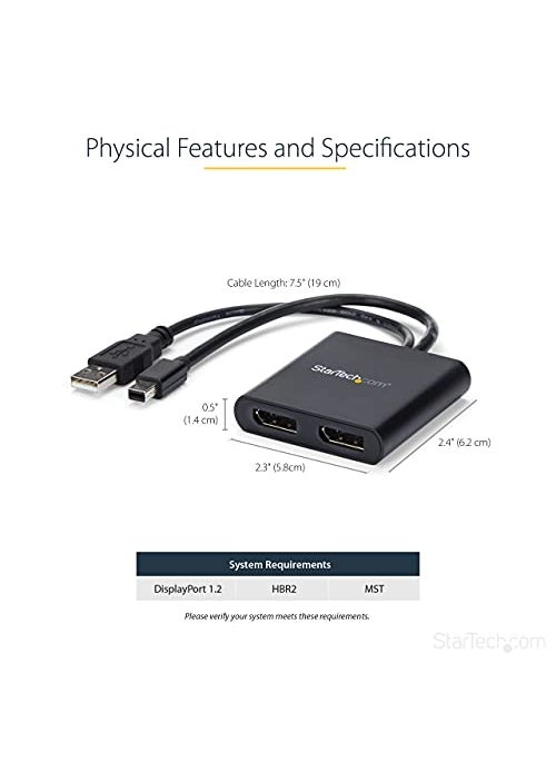 Startech.com StarTech.com 2-Port Multi Monitor Adapter - Mini DisplayPort to 2x DisplayPort MST Hub - Dual 4K 30Hz - Video Splitter for Extended Desktop Mode on Windows PCs Only - mDP 1.2 to 2x DP (MSTMDP122DP)  - Image 3