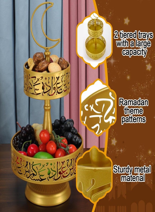 Acostop Ramadan Serving Trays - 2 Tiered Metal Platters Eid Mubarak Arabic Calligraphy Islam Muslim Al-Fitr Iftar Party Food Serving Tray Ramadan Decoration for Home Breakfast Dinner Table Decor (Gold) - Image 3