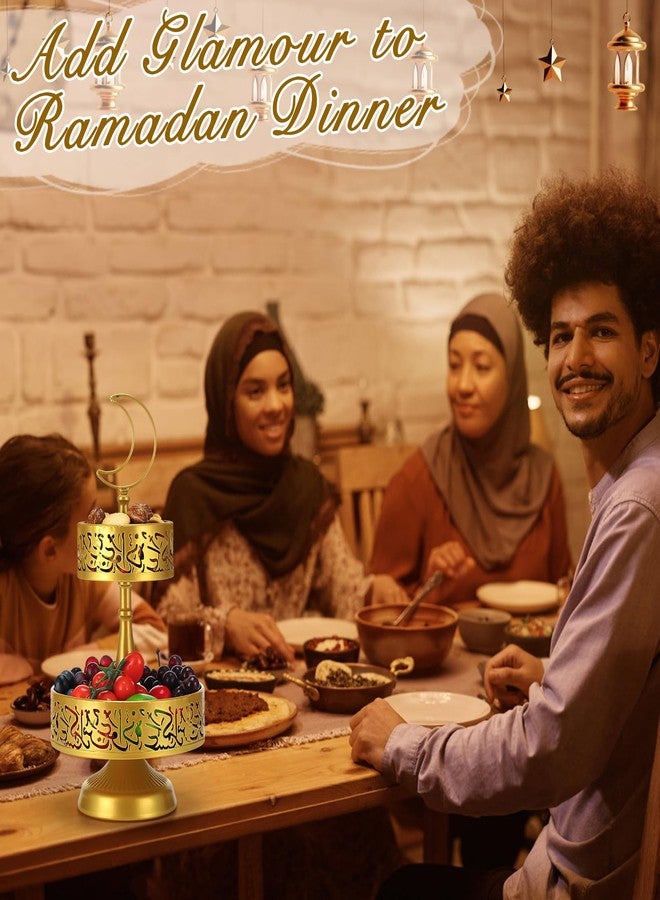 Acostop Ramadan Serving Trays - 2 Tiered Metal Platters Eid Mubarak Arabic Calligraphy Islam Muslim Al-Fitr Iftar Party Food Serving Tray Ramadan Decoration for Home Breakfast Dinner Table Decor (Gold) - Image 5