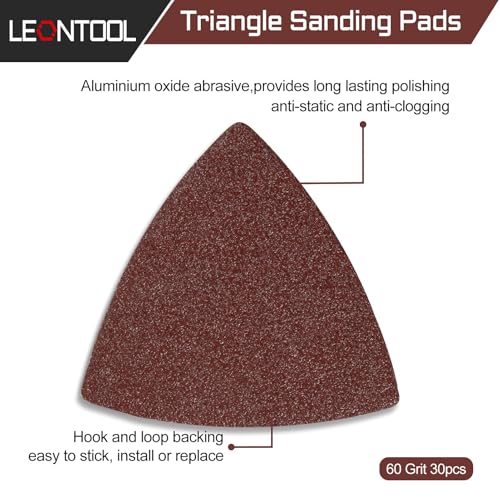 LEONTOOL 30 Pcs 3-1/8 Inch (80mm) Triangular Hook & Loop Oscillating Multitool Sanding Pads Triangle Sanding Pads 60 Grit No Hole Triangle Sandpaper Detail Sander Sandpaper for Wood Metal Polishing - Image 2