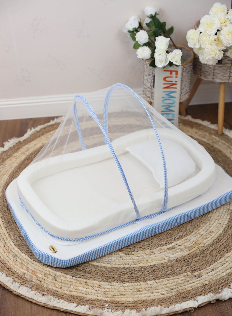 FUN MOMENT Sponge mosquito net mattress for newborns, ultra-soft and breathable, white/blue, 80 x 50 cm - Image 1