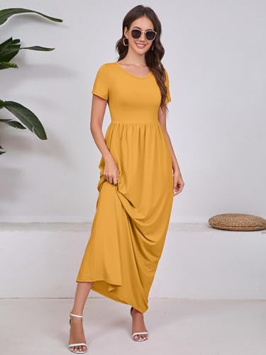 DEARCASE Maxi Dress for Women Yellow XX-Large Crewneck Short Sleeves Wedding Guest A-line Casual Loose Party Vintage Spring Summer Beach Long Dresses with Pockets - Image 3
