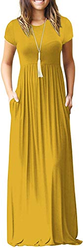 DEARCASE Maxi Dress for Women Yellow XX-Large Crewneck Short Sleeves Wedding Guest A-line Casual Loose Party Vintage Spring Summer Beach Long Dresses with Pockets - Image 1