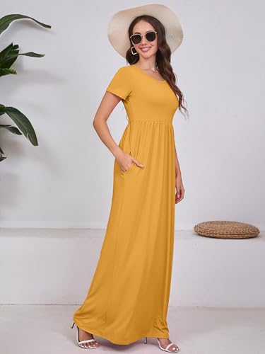 DEARCASE Maxi Dress for Women Yellow XX-Large Crewneck Short Sleeves Wedding Guest A-line Casual Loose Party Vintage Spring Summer Beach Long Dresses with Pockets - Image 5
