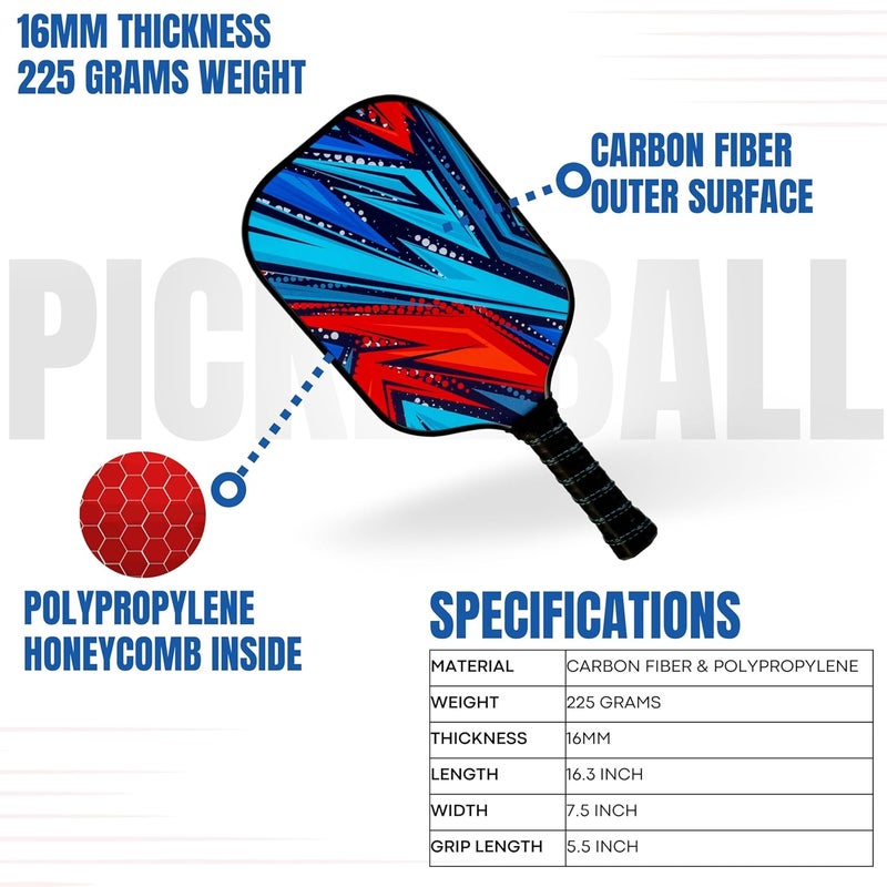 Everhype Carbon Fiber Pickleball Paddle Set, 2 Rackets, Advanced Level, Cushion Comfort Grip, Blue and Black (Pro) - Image 2