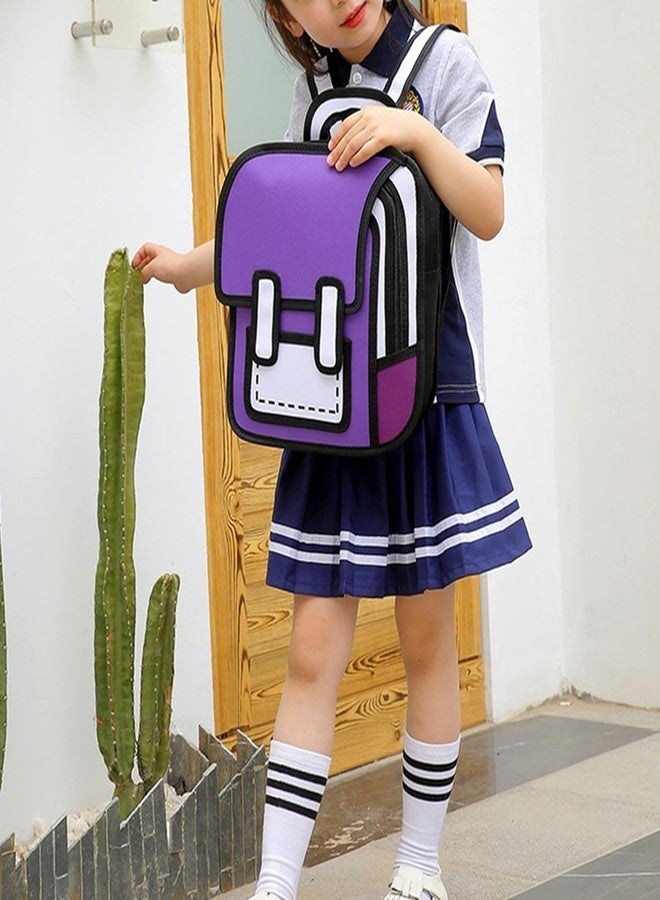 AREO School Backpack Cute 3D / 2D Cartoon Bookbag School Bag Daypack Aesthetic 2D Drawing Canvas Bag,Cartoon 2D/3D Bag (Purple) - Image 2
