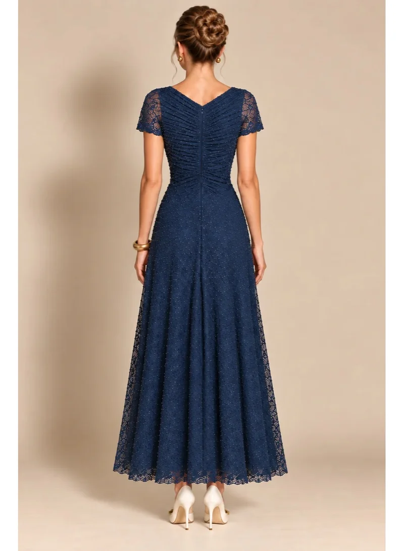 2Trendy Women's Navy Maxi Dress with Ruched Bodice, Sequin Details, and Short Sleeves