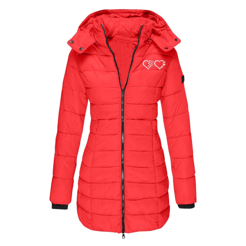 European size cross-border winter womens cotton-padded jacket mid-length slim-fit cotton-padded jacket warm solid color hooded cotton-padded jacket printing Black - Image 3
