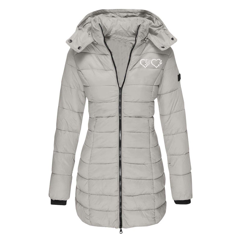 European size cross-border winter womens cotton-padded jacket mid-length slim-fit cotton-padded jacket warm solid color hooded cotton-padded jacket printing Black - Image 2