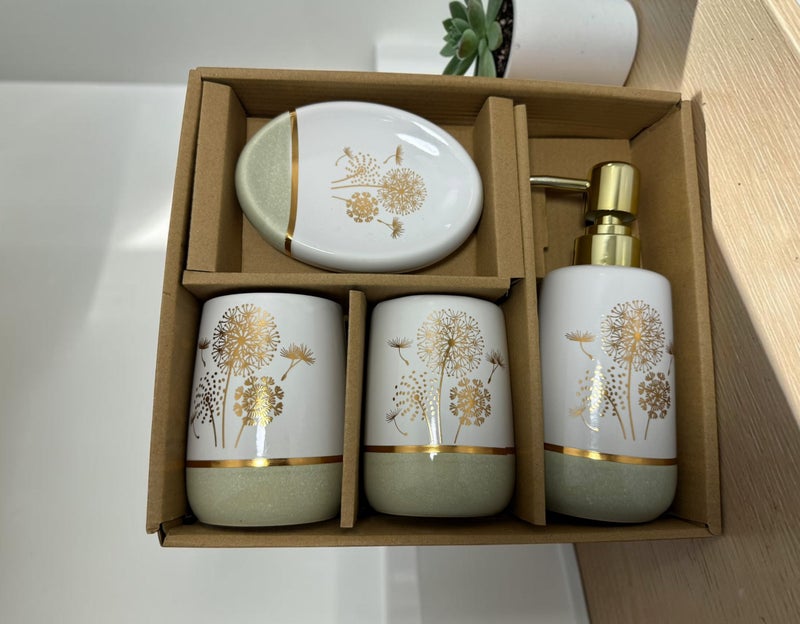 Premium 4-Piece Ceramic Bathroom Accessories Set – Luxury Sage Green & Gold Floral Design with Soap Dispenser & Toothbrush Holderr - Image 2