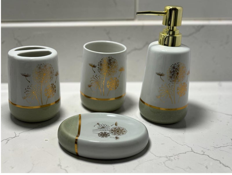 Premium 4-Piece Ceramic Bathroom Accessories Set – Luxury Sage Green & Gold Floral Design with Soap Dispenser & Toothbrush Holderr - Image 1