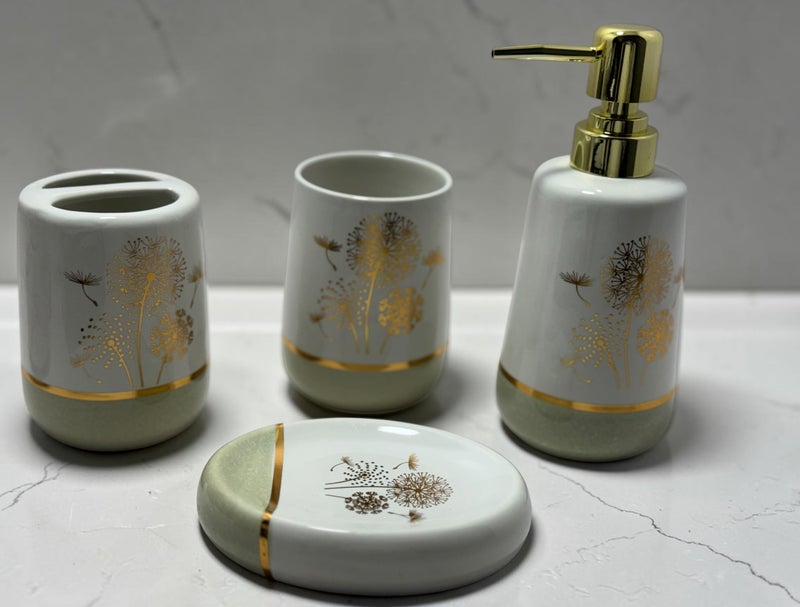 Premium 4-Piece Ceramic Bathroom Accessories Set – Luxury Sage Green & Gold Floral Design with Soap Dispenser & Toothbrush Holderr - Image 3