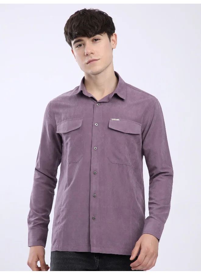 Beyoung Violet Dual Pocketed Suede Shirt