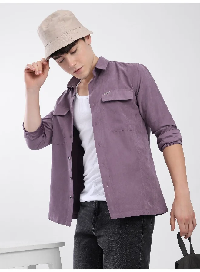 Beyoung Violet Dual Pocketed Suede Shirt