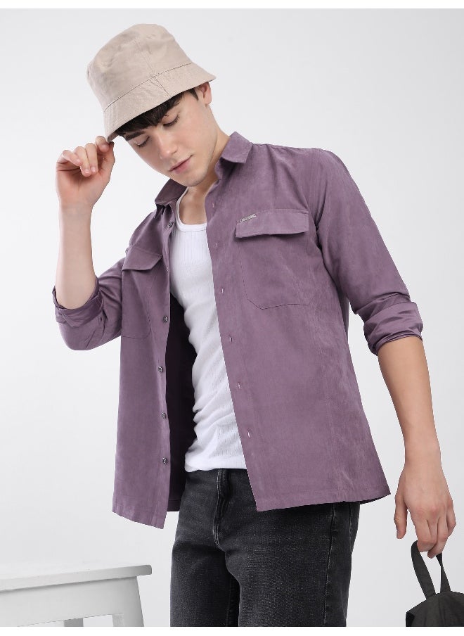 Beyoung Violet Dual Pocketed Suede Shirt  - Image 4