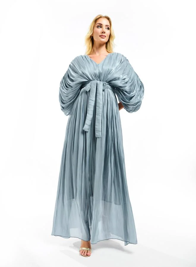 House of Moda Glazed Organza Pleated Maxi Dress with Tie Belt by Styli