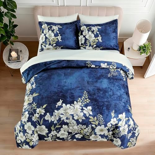 Sunshine Nicole Reversible Comforter Set, Printed Distressed Velvet Front and Sold Distressed Velvet Reverse, 3 Pieces Navy Blue Queen, with Soft Polyester Fill - Image 1