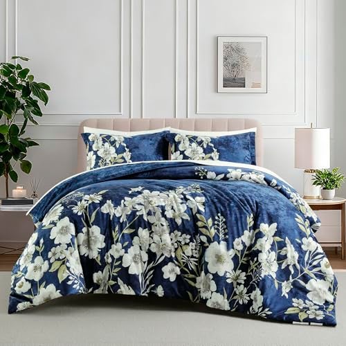 Sunshine Nicole Reversible Comforter Set, Printed Distressed Velvet Front and Sold Distressed Velvet Reverse, 3 Pieces Navy Blue Queen, with Soft Polyester Fill - Image 3