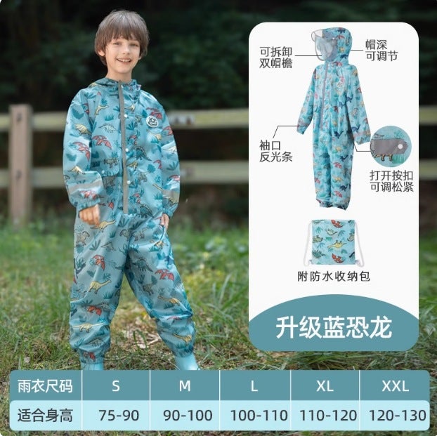 Generic Childrens One-piece Raincoat Boys Baby Poncho Primary School Students Female Kindergarten Dinosaur Rain Pants Set Full-body Anti-rainstorm Blue dinosaur one piece [upgraded fabric + zipper + snap button + free storage bag] high definition double brim