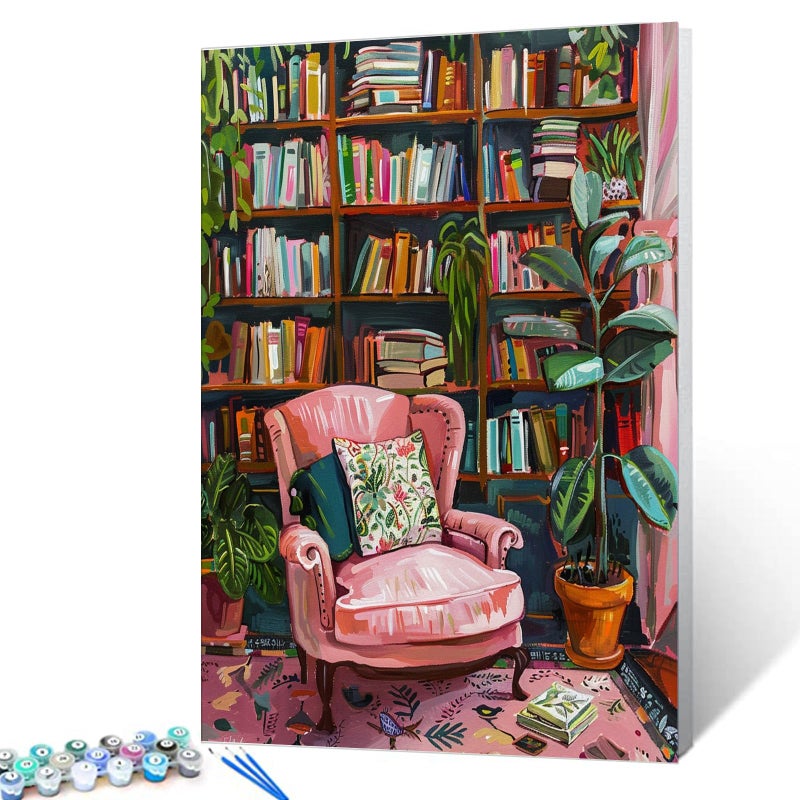Aihonmin Bookshelf Book Theme Pink Library Paint by Numbers Kits for Adult Vintage Paint by Numbers Boho Painting Kits on Canvas with Brushes and Acrylic Pigment for Home Wall Without Framed 16''W x 20''H - Image 1
