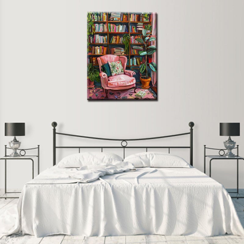 Aihonmin Bookshelf Book Theme Pink Library Paint by Numbers Kits for Adult Vintage Paint by Numbers Boho Painting Kits on Canvas with Brushes and Acrylic Pigment for Home Wall Without Framed 16''W x 20''H - Image 3