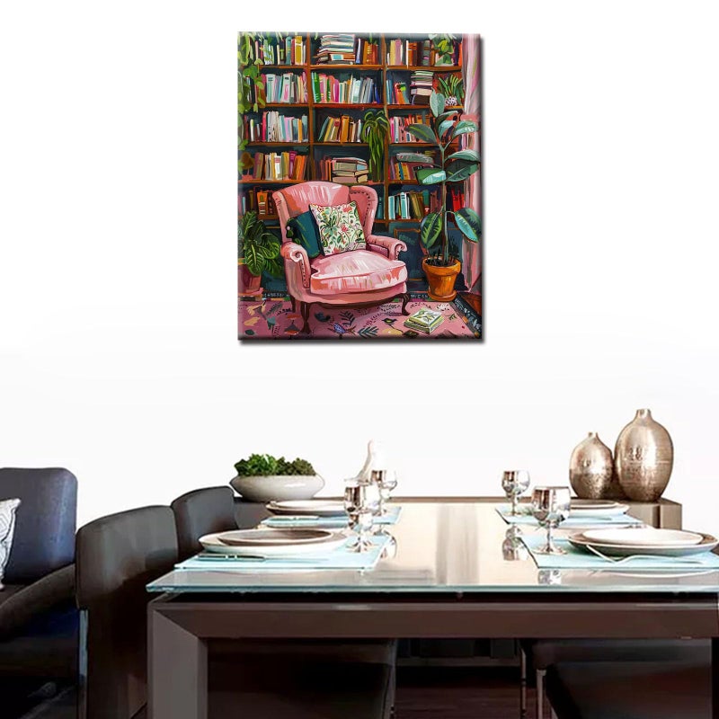 Aihonmin Bookshelf Book Theme Pink Library Paint by Numbers Kits for Adult Vintage Paint by Numbers Boho Painting Kits on Canvas with Brushes and Acrylic Pigment for Home Wall Without Framed 16''W x 20''H - Image 2