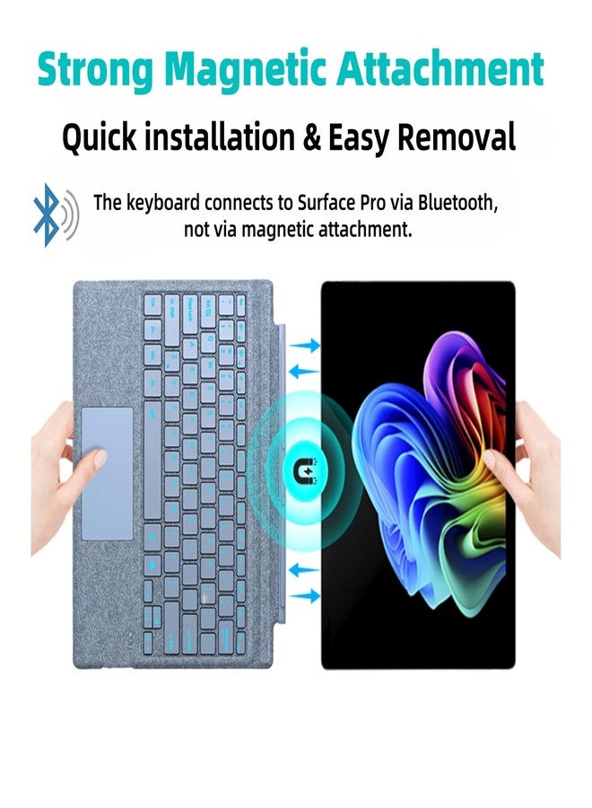 موبي لوحة مفاتيح mobee لأجهزة Microsoft Surface Pro Copilot+ (الإصدار الحادي عشر) / Pro 11 / Pro 10 / Pro 9 / Pro 8 / Pro X، مقاس 13 بوصة، غطاء كتابة قابل للفصل مع لوحة لمس، إضاءة خلفية بسبعة ألوان، حامل قلم (أزرق جليدي) - Image 3