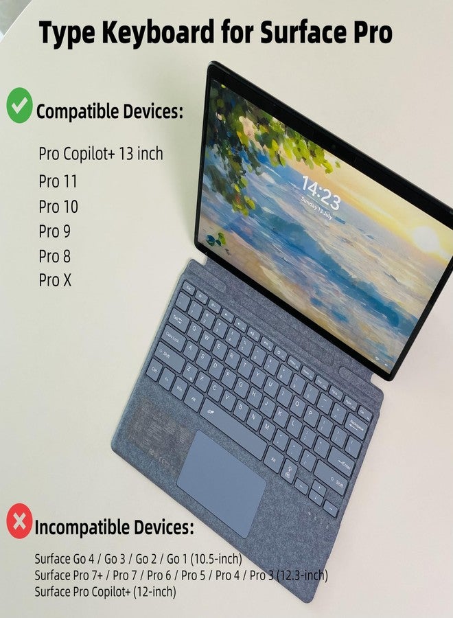 موبي لوحة مفاتيح mobee لأجهزة Microsoft Surface Pro Copilot+ (الإصدار الحادي عشر) / Pro 11 / Pro 10 / Pro 9 / Pro 8 / Pro X، مقاس 13 بوصة، غطاء كتابة قابل للفصل مع لوحة لمس، إضاءة خلفية بسبعة ألوان، حامل قلم (أزرق جليدي) - Image 2